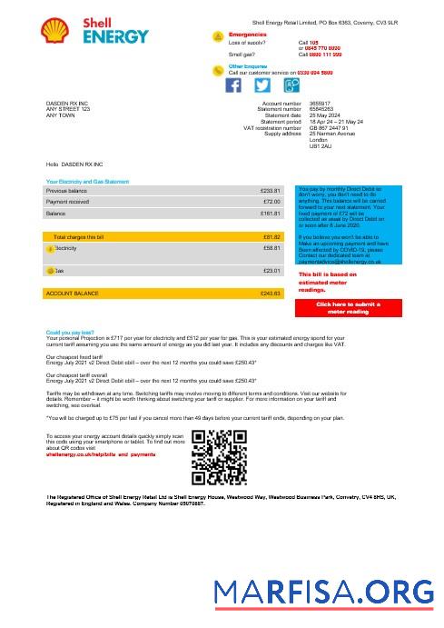 Realistic United Kingdom Shell Energy business utility bill template Word and PDF template